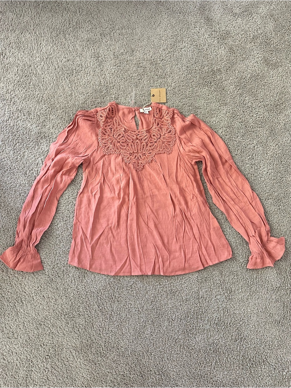 Blu Pepper Dusty Rose Crochet Yoke Long Sleeve Top
